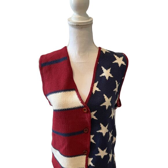 Vintage Express Tricot Patriotic Knit Vest Stars Stripes L - Picture 2 of 6